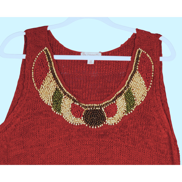 Vintage Crocheted Tunic Tank Sweater Womens 2X Burnt Orange Beaded Fringe Boho - Picture 3 of 11